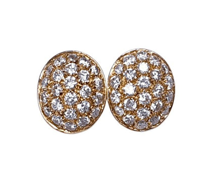 Vintage Oval Diamond Set Earrings, 18ct yellow gold earrings pave set with 2.40 carats of brilliant-cut diamonds, slight dome effect for maximum sparkle, Circa 1960s