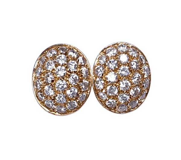 Vintage Oval Diamond Set Earrings, 18ct yellow gold earrings pave set with 2.40 carats of brilliant-cut diamonds, slight dome effect for maximum sparkle, Circa 1960s