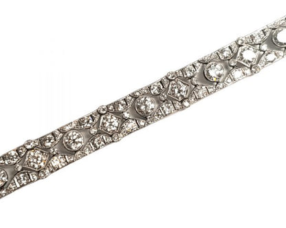 Art Deco French Old Cut Diamond Bracelet in Platinum, 17.00 carat total; old European cut diamonds beautifully set in platinum with engraved sides, Circa 1925