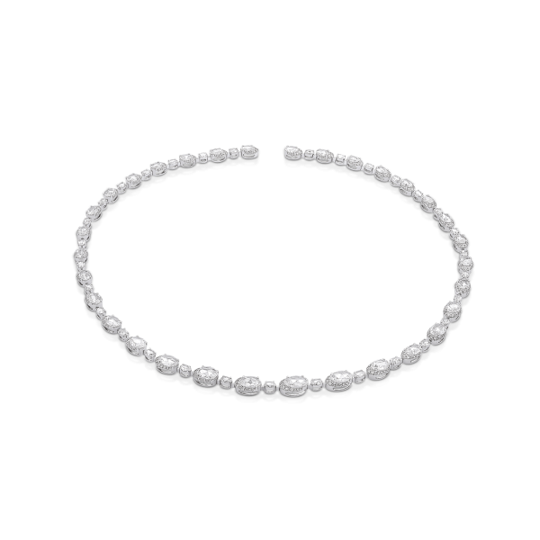Rose Cut Diamond Cluster Necklace; set with 8.61cts oval-shaped rose-cut diamonds surrounded by round brilliant-cut diamonds, in 18ct white gold