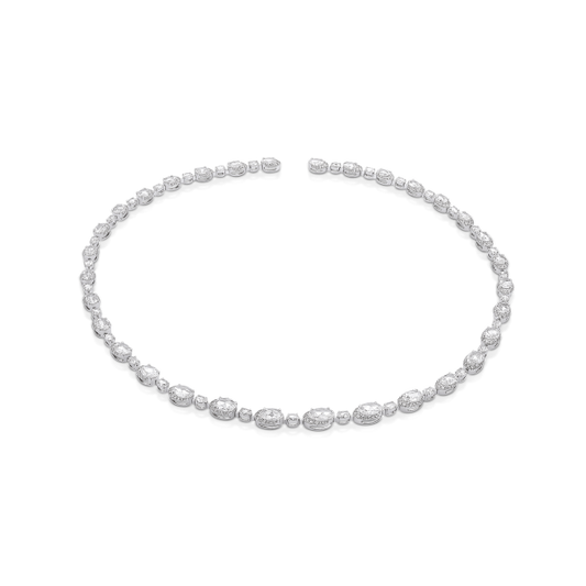 Rose Cut Diamond Cluster Necklace; set with 8.61cts oval-shaped rose-cut diamonds surrounded by round brilliant-cut diamonds, in 18ct white gold