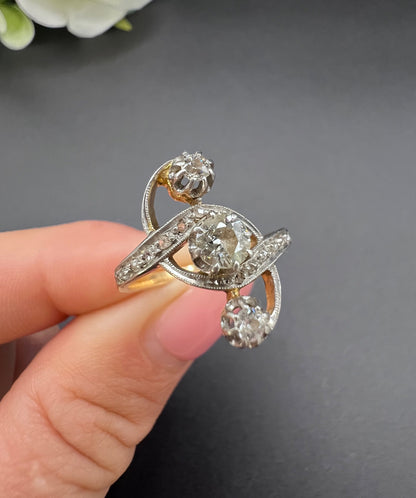 Antique 18 ct Gold And Platinum, 3 Stone Diamond Belle Époque Ring