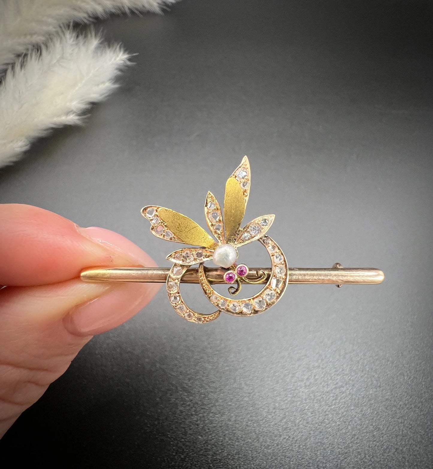 Victorian 18 Carat Gold Ruby, Diamond and Pearl Insect Brooch, Circa 1880