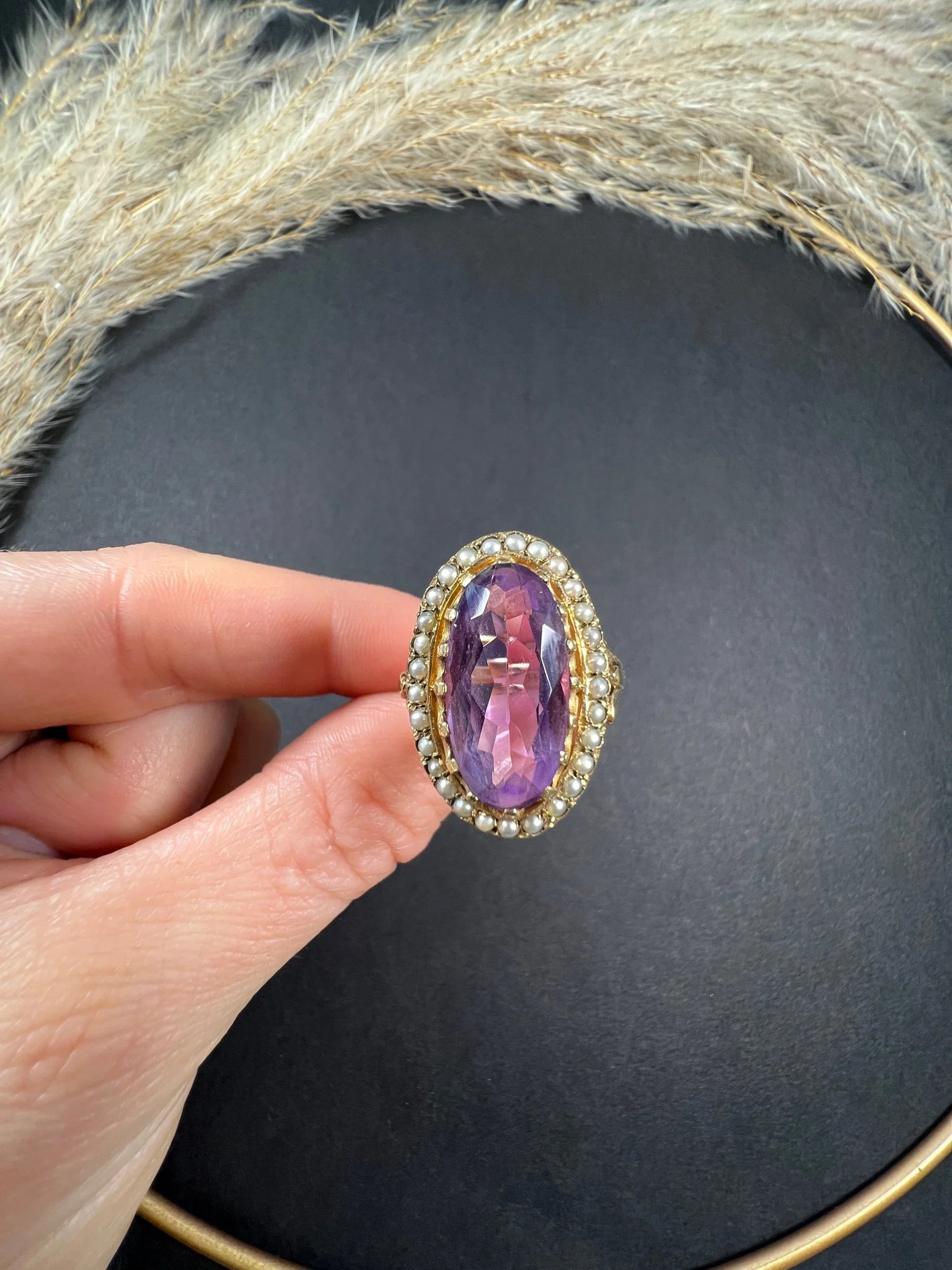 Vintage 9ct Gold, Hallmarked London 1966, Large Faceted Amethyst & Seed Pearl Cocktail Ring