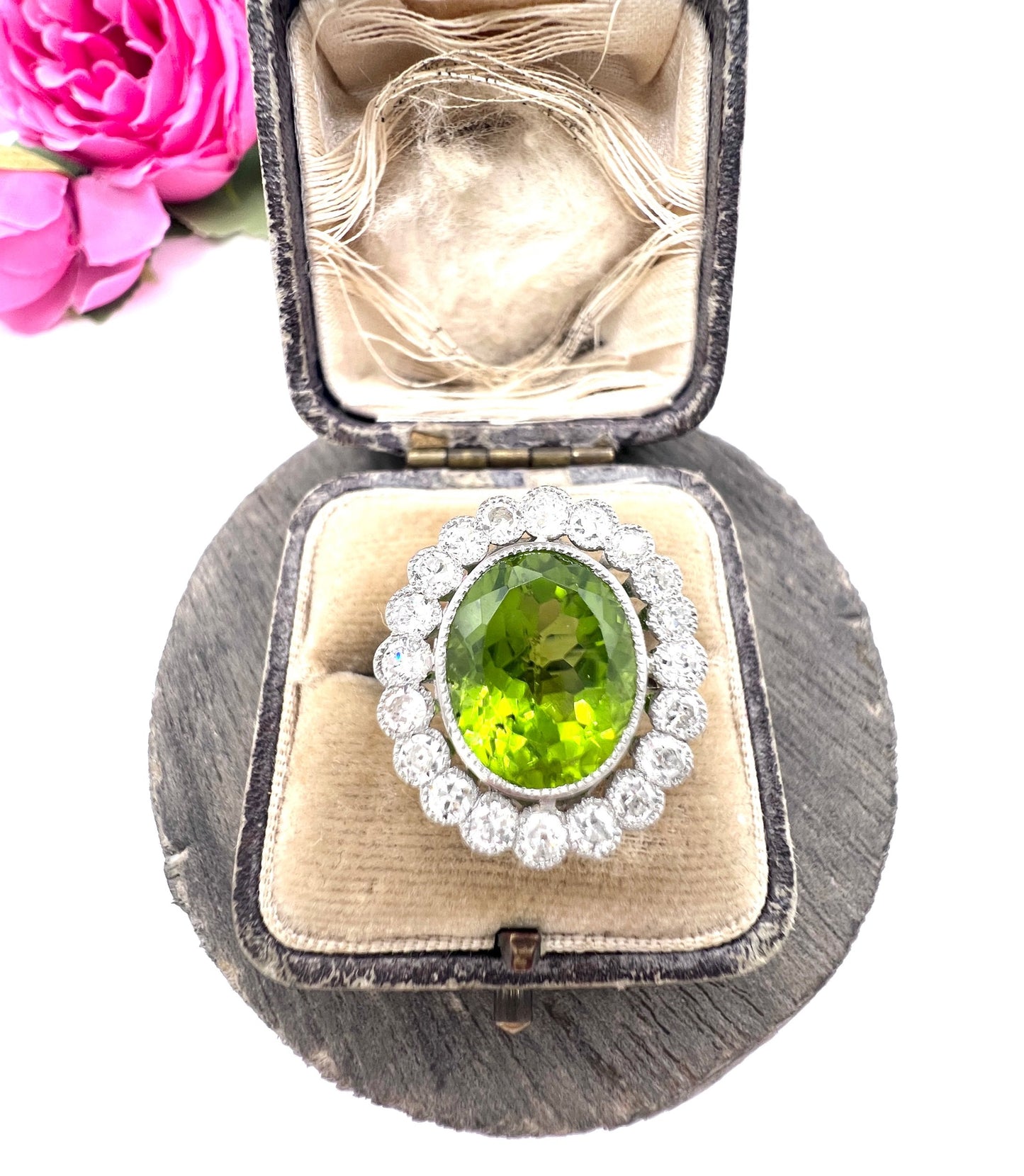 Antique French Platinum Peridot and Diamond Halo Cluster Ring, Circa 1910