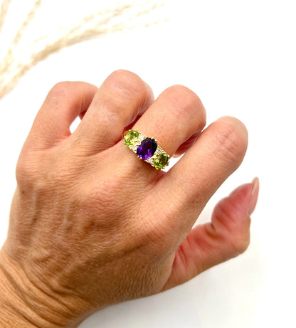 Antique 18 Carat Yellow Gold Edwardian Amethyst, Diamond and Peridot Suffragette Ring