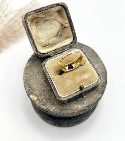 Antique 18 ct Yellow Gold, Amethyst, Diamond And Peridot Suffragette Ring