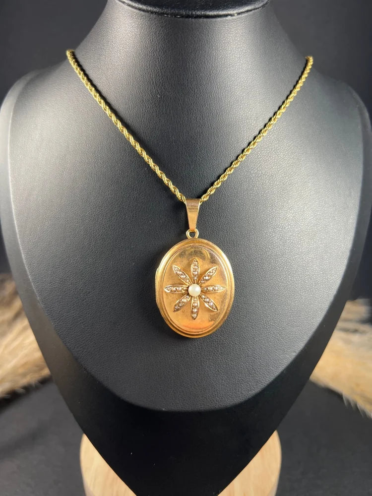 Antique 18 Carat Rose Gold Oval Shaped Locket With Pearl Flower