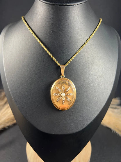Antique 18 Carat Rose Gold Oval Shaped Locket With Pearl Flower