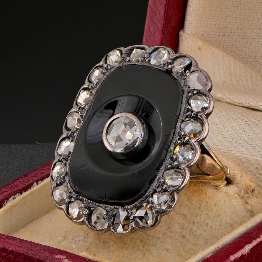 Victorian Antique Rose Cut Diamond and Black Onyx Panel Plaque Ring, 2.10 carat total