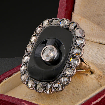 Victorian Antique Rose Cut Diamond and Black Onyx Panel Plaque Ring, 2.10 carat total