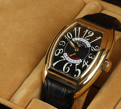 Franck Muller Conquistador 35mm 18ct Rose Gold Automatic Watch; Ref. 8005 DS R, black dial, Arabic numerals, sapphire crystal, two retrograde second indicators, Franck Muller black crocodile strap with 18ct pin buckle, with Franck Muller box.