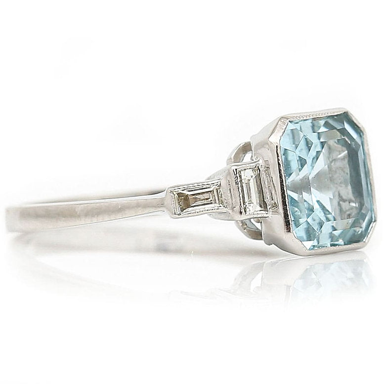 2.17ct Octagonal Aquamarine and Baguette Diamond Dress Ring