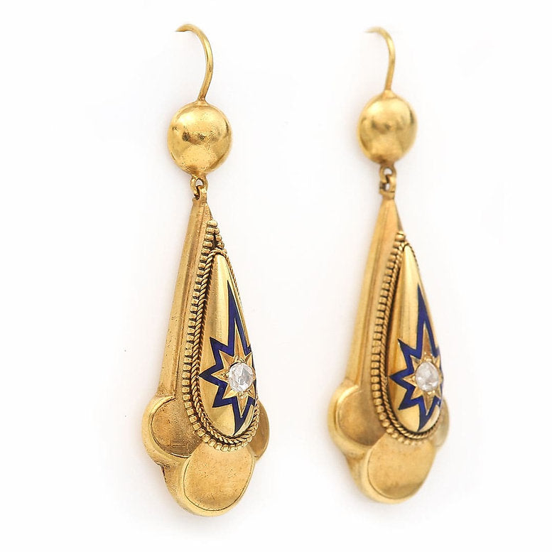 Victorian Antique Yellow Gold Diamond Blue Enamel Drop Earrings