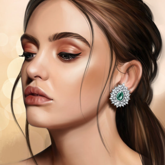 Pear-Shaped Old Cut Emerald and Diamond Floral Cluster Earrings, 22.07 carat total, 18ct White Gold. Emerald total 8.88cts. Total diamond weight 13.19cts.