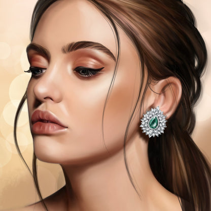 Pear-Shaped Old Cut Emerald and Diamond Floral Cluster Earrings, 22.07 carat total, 18ct White Gold. Emerald total 8.88cts. Total diamond weight 13.19cts.