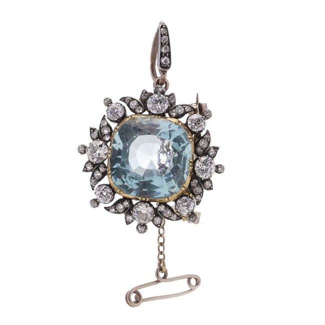 Antique 7ct Cushion Cut Aquamarine and Diamond Cluster Pendant come Brooch, 2.56 carats old European cut diamonds
