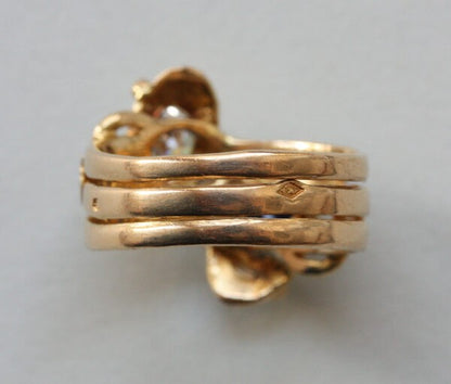 Antique Edwardian Diamond, Sapphire and 18ct Yellow Gold Double Snake Ring; set with a 0.45ct old cut diamond and 0.43ct cushion cut sapphire