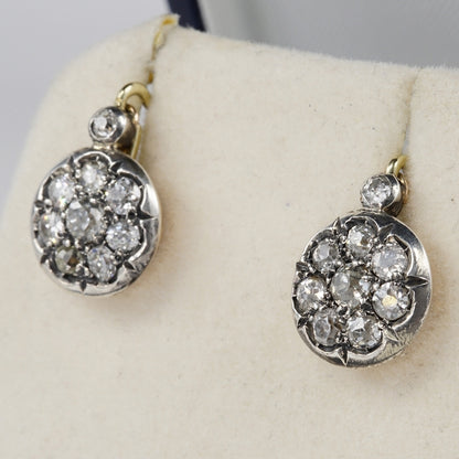 Victorian Antique 1.80ct Old Mine Cut Diamond Circular Cluster Drop Earrings