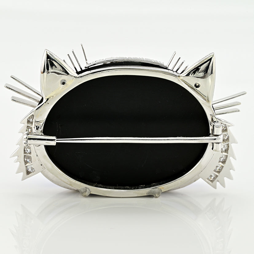 Vintage Italian Multi Gemstone Cat Brooch with Blue Moonstone Chrysoberyl Ruby and Diamond in 18ct White Gold