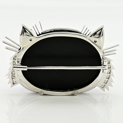 Vintage Italian Multi Gemstone Cat Brooch with Blue Moonstone Chrysoberyl Ruby and Diamond in 18ct White Gold