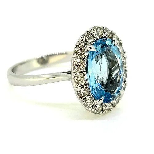 3.39ct Oval Aquamarine and Diamond Halo Cluster Engagement Ring in 18ct white gold