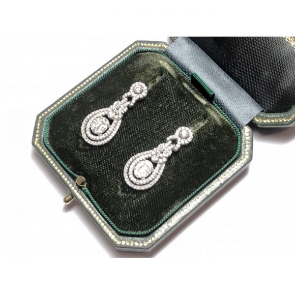 Diamond Cluster Pear Shaped Drop Earrings, 1.85 carat total