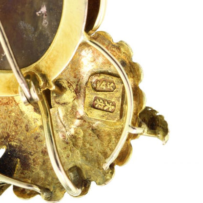 Vintage Wang Hing Moss Agate and Yellow Gold Owl Brooch, Made in China, Circa 1940s