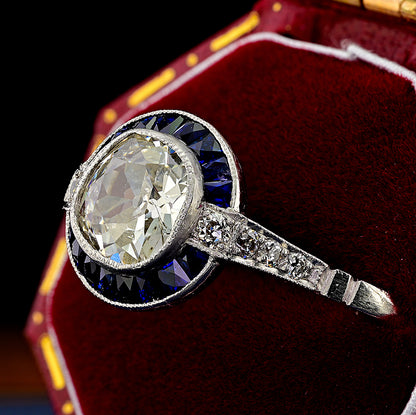 1.10ct Old Mine Cut Diamond and Sapphire Target Engagement Ring in Platinum