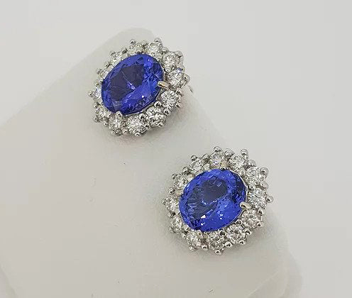 5.21ct Tanzanite and Diamond Oval Cluster Stud Earrings, 18ct white gold