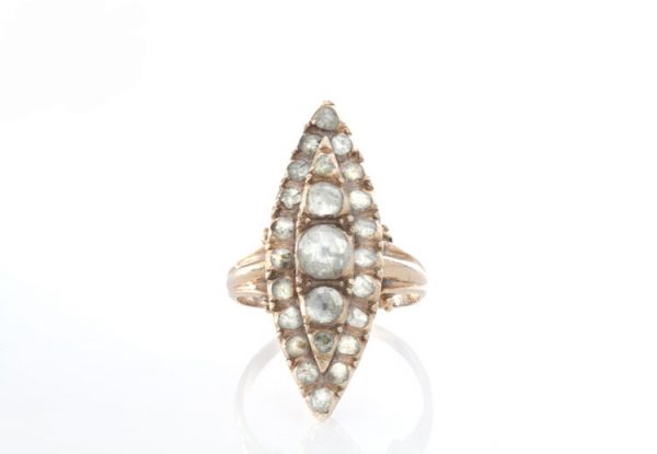 Antique Georgian 2.46ct Rose Cut Diamond Navette Ring; marquise shaped cluster ring set with foil-backed rose-cut diamonds, tests as 15ct gold, Circa 1790