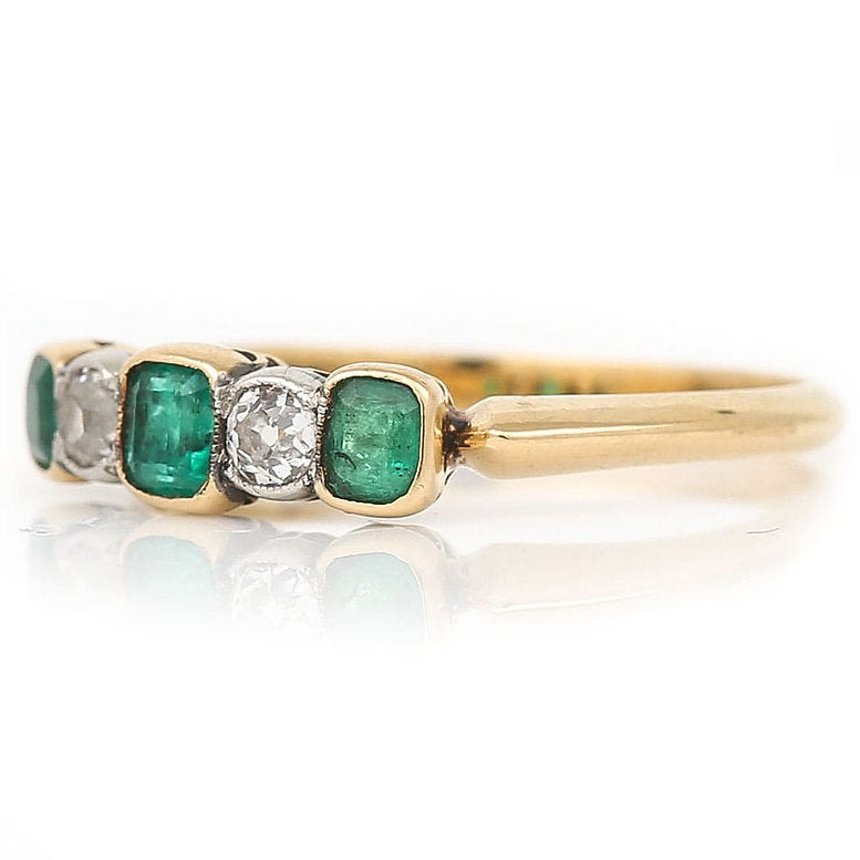 Antique Emerald and Diamond Five Stone Ring 18ct Yellow Gold