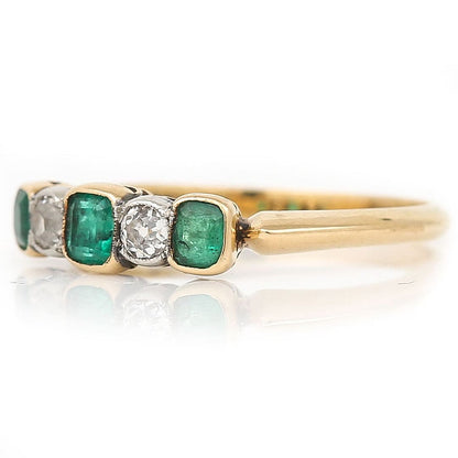 Antique Emerald and Diamond Five Stone Ring 18ct Yellow Gold