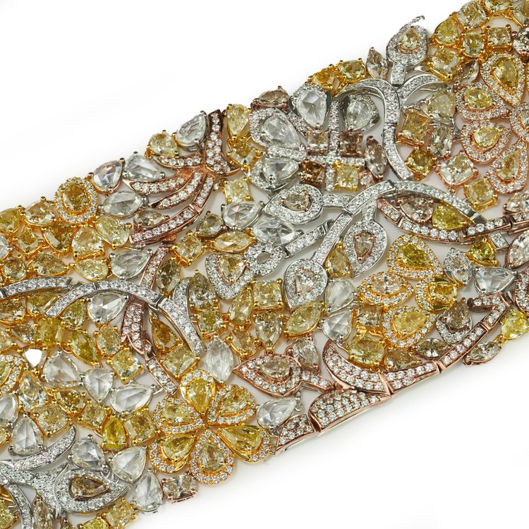 Fine Fancy Yellow Diamond Cuff Bracelet in Tri Colour Gold, 57.80 carats