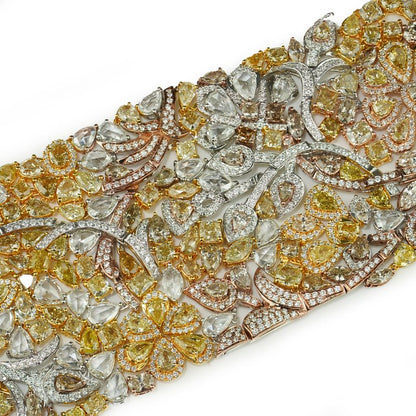 Fine Fancy Yellow Diamond Cuff Bracelet in Tri Colour Gold, 57.80 carats