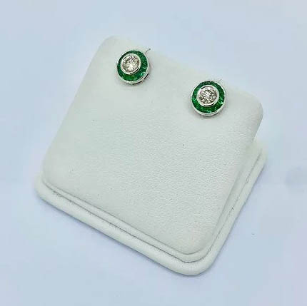 0.52ct Diamond and Calibre Emerald Cluster Target Earrings in 18ct White Gold