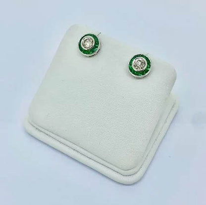 0.52ct Diamond and Calibre Emerald Cluster Target Earrings in 18ct White Gold