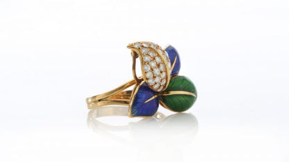 Faraone Blue and Green Enamel and Diamond set Ring and Earring Suite