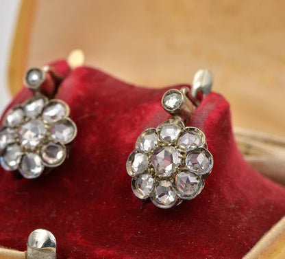 Antique Victorian 3.8ct Rose Cut Diamond Cluster Drop Earrings