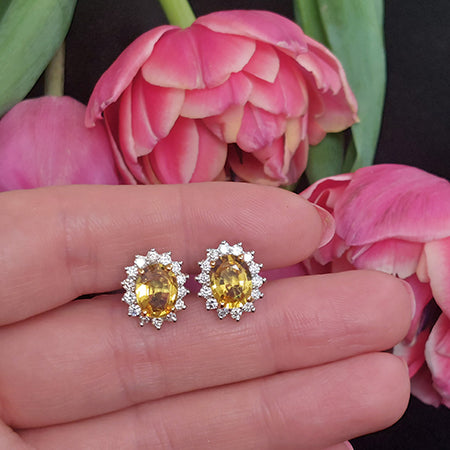 4.20ct Oval Yellow Sapphire and Diamond Cluster Stud Earrings