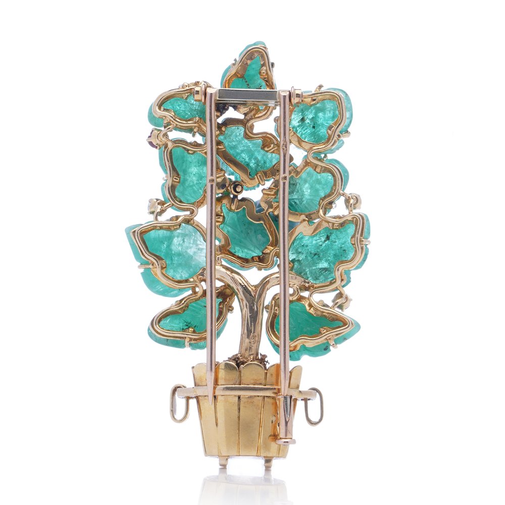 Vintage 1940s Lacloche Freres Carved Emerald Leaf Tree Brooch by Jean Thierry Bondt with Ruby and Diamond