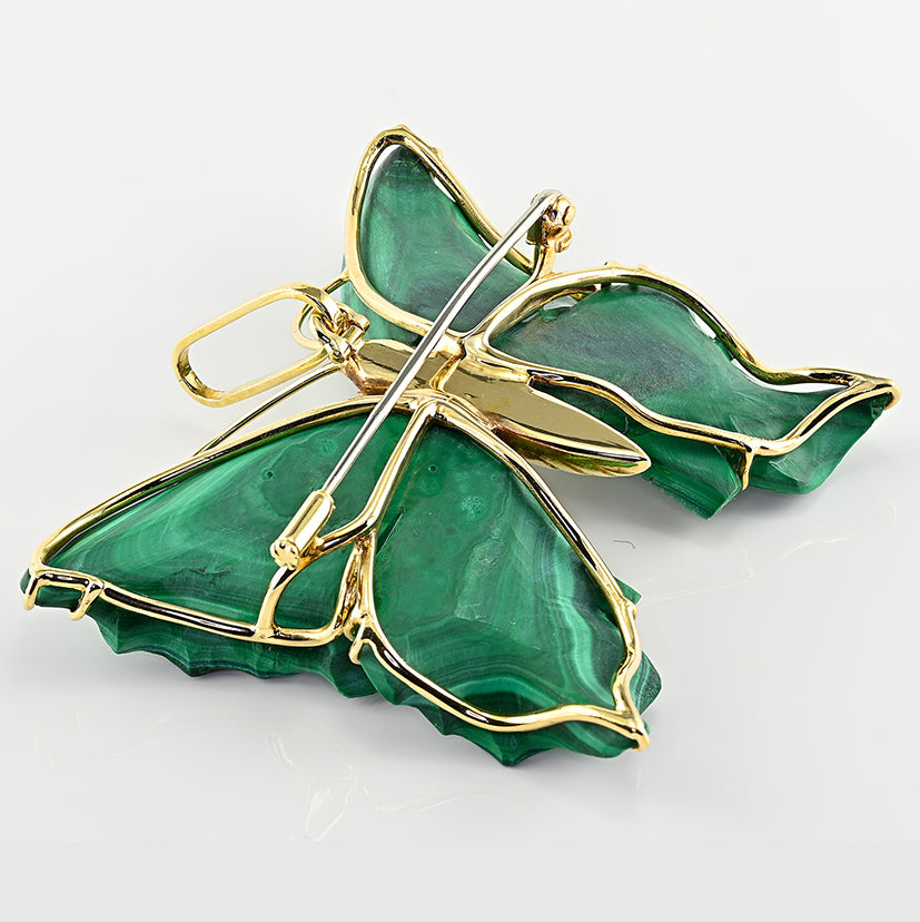 Vintage Carved Malachite Butterfly Pendant Brooch 18ct Yellow Gold
