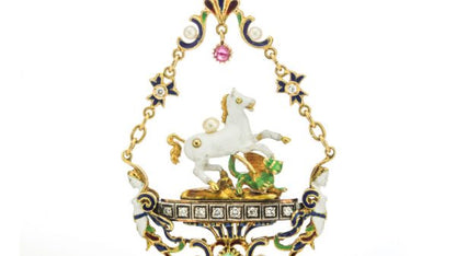 Vintage Pegasus and Dragon Pendant with Enamel and Gemstones; elaborate 18ct yellow gold Pegasus and dragon pendant necklace decorated with enamel, freshwater pearls, emeralds, ruby and diamonds. Circa 1950s
