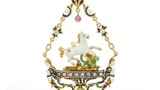 Vintage Pegasus and Dragon Pendant with Enamel and Gemstones; elaborate 18ct yellow gold Pegasus and dragon pendant necklace decorated with enamel, freshwater pearls, emeralds, ruby and diamonds. Circa 1950s