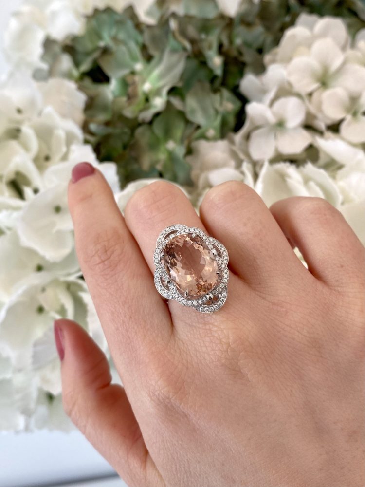 Oval Cut Morganite and Diamond Cluster Dress Ring, 10.26 carats