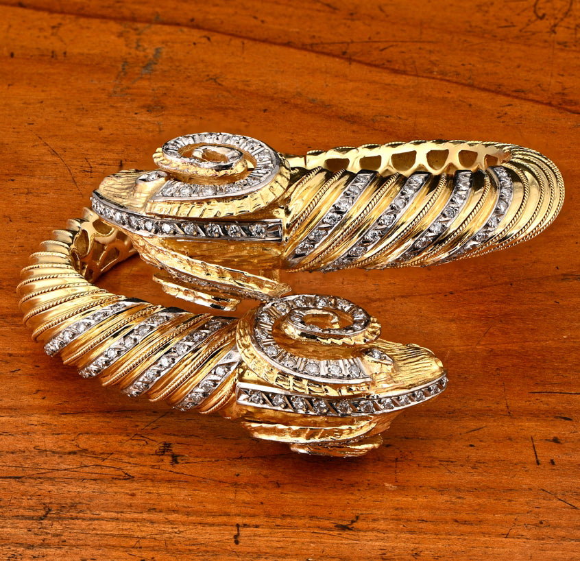 Vintage Italian Diamond and Gold Double Rams Head Bangle Bracelet