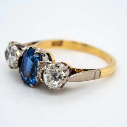 2ct Sapphire and 1.40ct Old Cut Diamond Trilogy Three Stone Engagement Ring