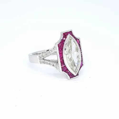 Art Deco Style 1.60ct Marquise Diamond and Ruby Plaque Ring, Certified