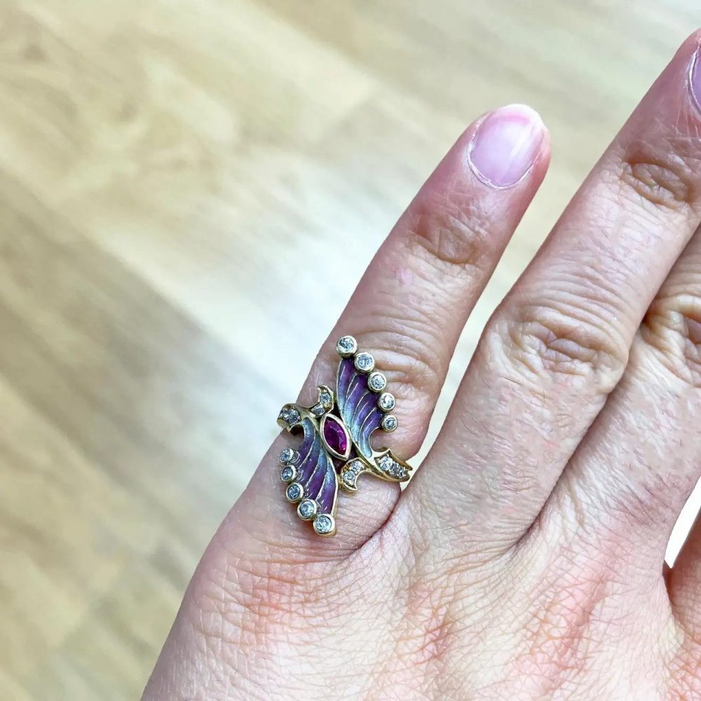 Art Nouveau Pink Plique a Jour Enamel Ruby and Diamond Ring