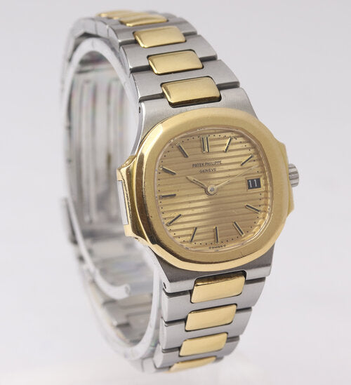 Patek Philippe Ladies 4700 Nautilus 27mm Steel and Gold Quartz Watch, golden champagne face, date aperture at 3, Steel and gold bracelet